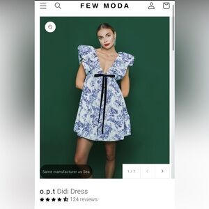 OPT blue toile babydoll dress with black velvet bow